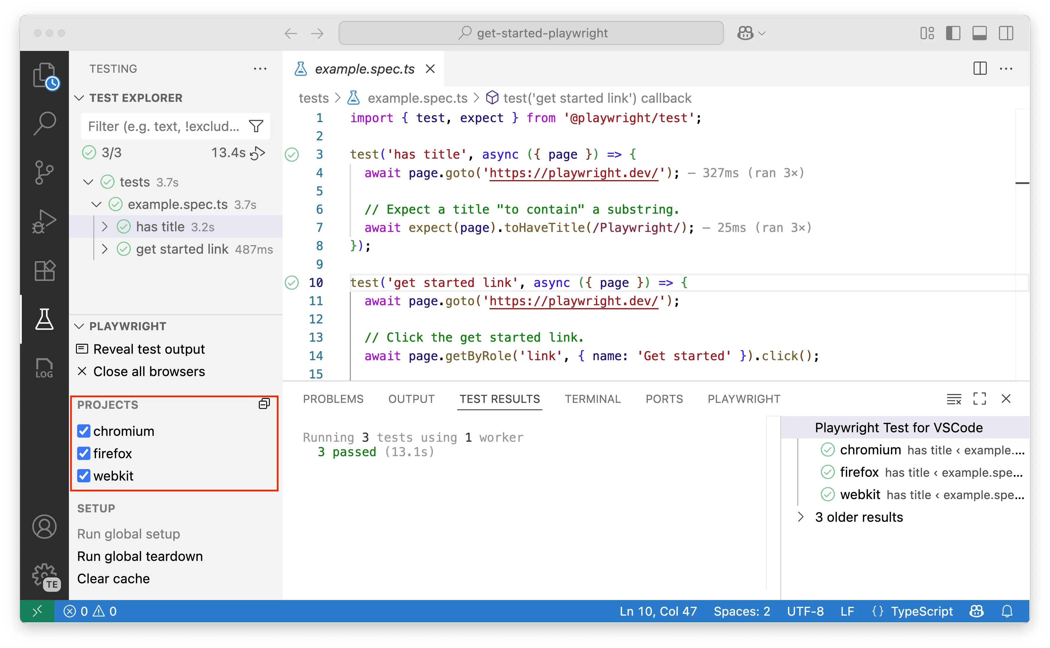 Selecting projects to run tests on
