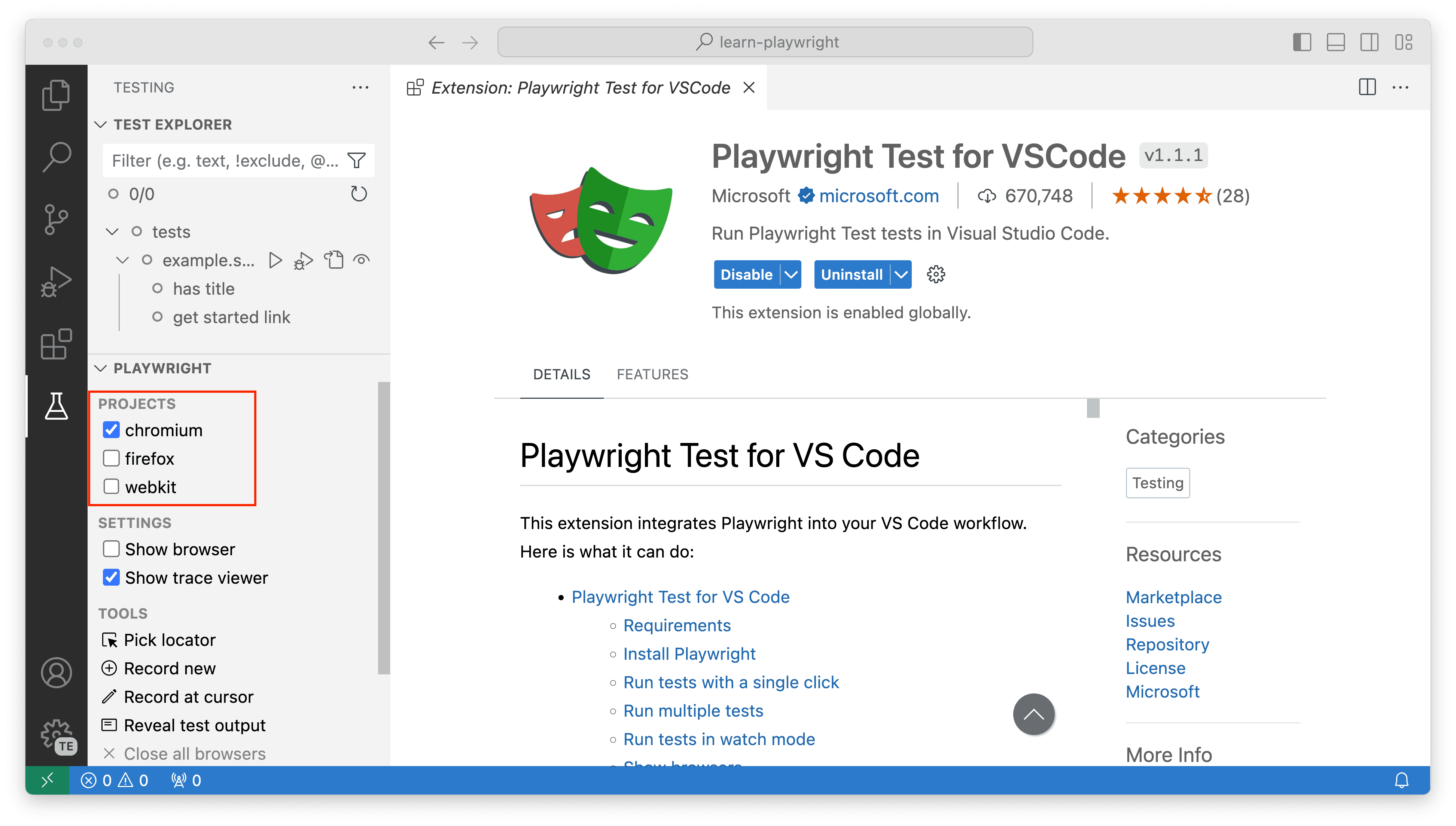 Projects section in VS Code extension